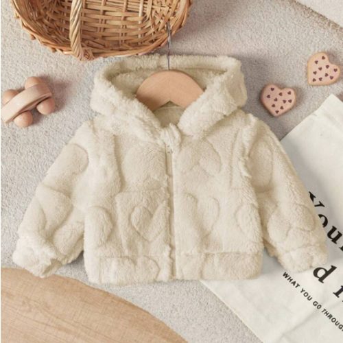 Newborn Baby Girl's Thick Hooded Jacket With Furry Heart Pattern, For Autumn And Winter