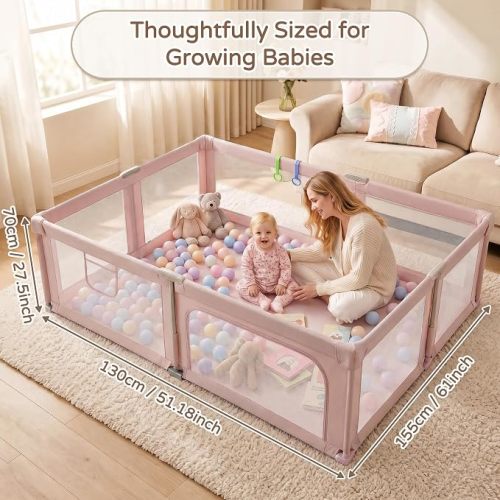 Foldable Playpen with Mat for Babies and Toddlers, 73" x 61" Baby Play Pen for Indoor & Outdoor, Playard with Soft Breathable Mesh, Pull-Link and Ocean Balls, Pink