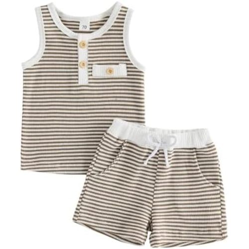 Kupretty Toddler Baby Boy Clothes 12 18 24 Month 2T 3T Summer Outfit Stripe Waffle Knit Sleeveless Vests Shirts Shorts Set