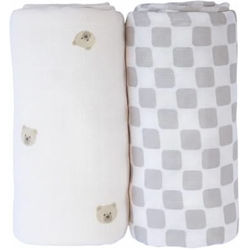 Muslin Swaddle Blankets - Set of 2 Gender Neutral Patterns- Large 47"x47",Organic Cotton & Viscose from Bamboo, Extra Soft Newborn Swaddles, Baby Shower for Boys & Girls (Checkered Tan & Bears)