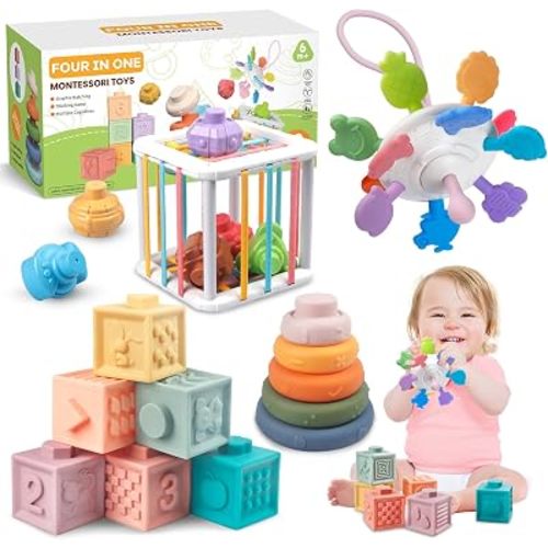 4-in-1 Montessori Sensory Baby Blocks 18M+ , Stacking Ring, Pull String