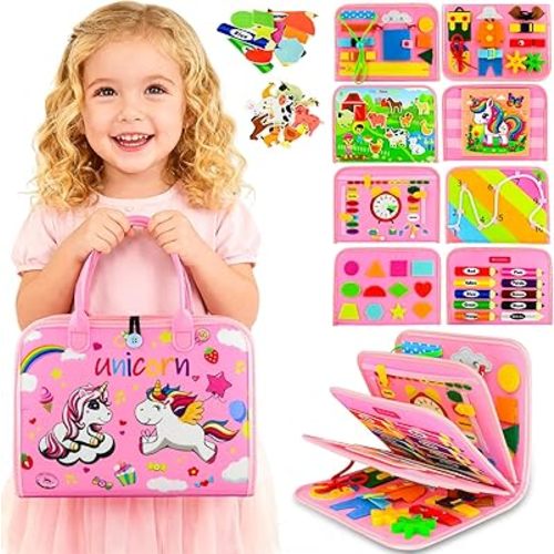 Toddler Busy Board Montessori Toys for Toddler 1-3 Year Old, Girl Birthday Gift, Preschool Educational Montessori Busy Book Board, Felt Sensory Activity Board Sorting Toy Age 2-4 with Fine Motor Skill