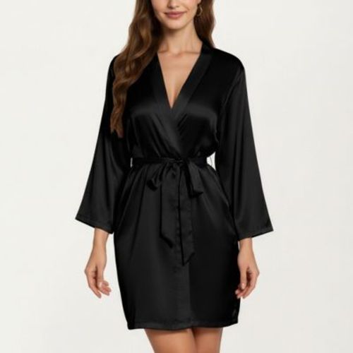 Anna-Kaci Lounge Women's Satin Short Robe with Wrap Front Design and Adjustable Tie Waist in Smooth Lightweight Silky Fabric - Small, Black