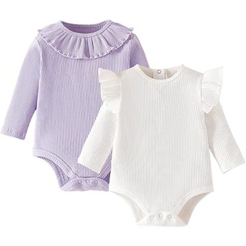 ROMPERINBOX Baby Girl Bodysuit 2 Pack, Long Sleeve Ribbed Knitted Onsies Ruffle Collar and Flutter Sleeve Fall Winter Clothes