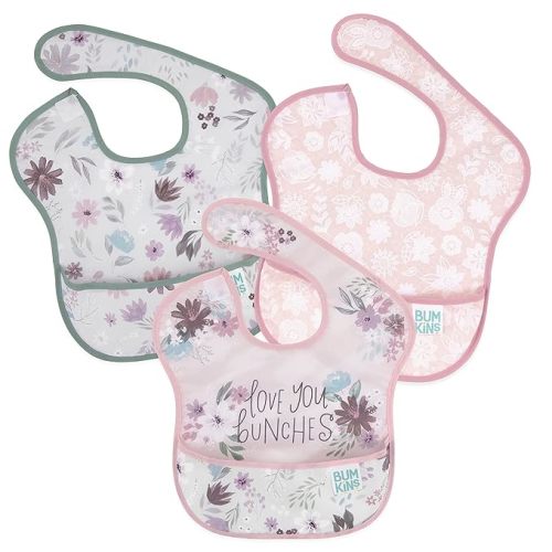 Bumkins Bibs for Girl or Boy, SuperBib Baby and Toddler for 6-24 Months, Essential Must Have for Eating, Feeding, Baby Led Weaning Supplies, Mess Saving Catch Food, Fabric 3-pk Floral and Lace