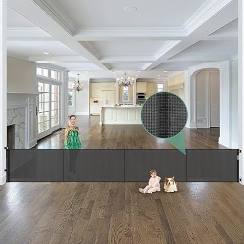 Reinforced 195 Inch Retractable Baby Gates Extra Wide Dog Gate with Support Rods – Prevent Crawling Under, 16ft Wide Retractable Fence Outdoor Retractable Gate Indoor Long Gates for Kids or Pets/Black