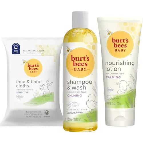 Burt's Bees Baby Gift Set for Baby Showers, Includes Baby Essentials, Shampoo and Wash with Lavender, Body Lotion, Wipes and Cloths, Naturally-Derived Origin Skincare, 3 Count