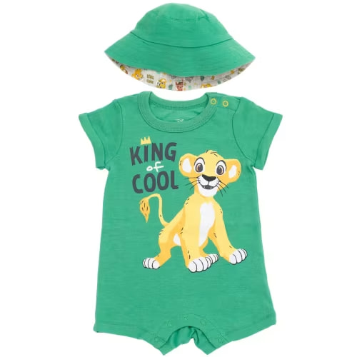 Disney Lion King Baby Boys' Knit Graphic Short Sleeve Coverall and Sun Hat Outfit with Snap Closure Simba Kelly Green Newborn