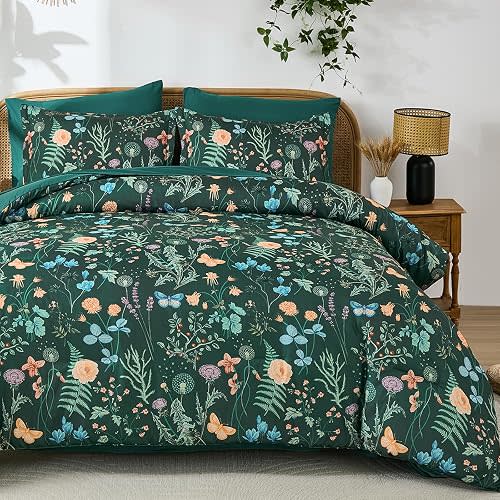 Queen Comforter Set Forest Green Floral Bedding Set 7 Piece Bed in a Bag