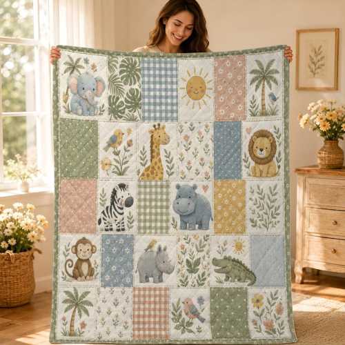 Safari Baby Quilt Blanket, Scandinavian Nursery Animal Patchwork Throw, Jungle Baby Bedding, Neutral Baby Shower Gift Decor