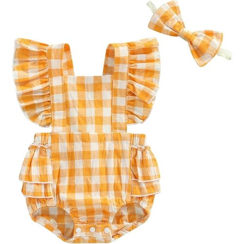 Mubineo Baby Girl Summer Fruit Rompers Clothes Newborn Outfits Flower Ruffle Sleeveless Romper Overalls - Ybf Yellow White Plaid - 18-24 Months
