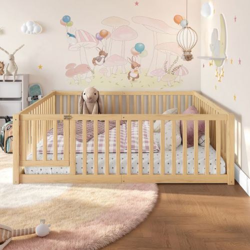 Bellemave Full Floor Bed with Safety Guardrails,Pine Floor Bed Frame with Door for Kids,No Box Spring Needed,Natural