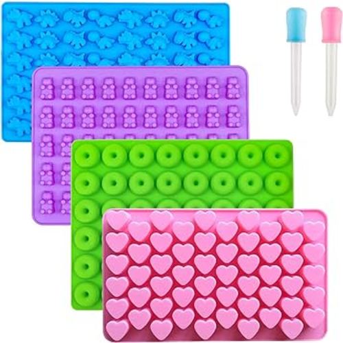 Gummy Bear Candy Molds Silicone, Gummy Molds with 2 Droppers, Non-stick Silicone Candy Molds Including Mini Dinosaur, Bear Shape, Hearts and Mini Donut, Set of 4