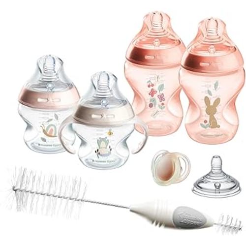 Tommee Tippee Natural Start 8 Piece BPA Free Bottle Set, Includes 2 x 5 oz & 2 x 9 oz Bottles, 1 x Medium Flow Nipple, 1 x 0-6m Pacifier, 1 x Removable Bottle Handle, 1 x Cleaning Brush, Pink