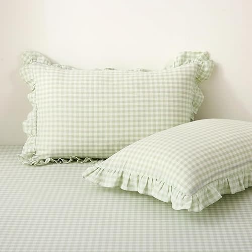 2 Pack Pile Green White Plaid Ruffle Gingham Pillow Shams Standard Size, 100% Washed Cotton Checkered Farmhouse Pillowcases for Bed/Sofa - 20"x26"