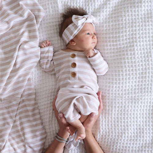Latte Stripes Bamboo Waffle Newborn Baby Knot Gown & Hat Set
