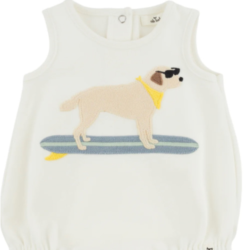 oh baby! Bubble Onesie -Surfing Dog Applique - Oyster