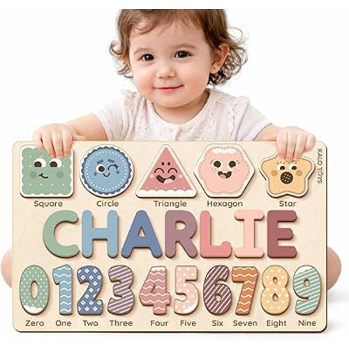 Personalized Name Puzzle for Toddlers 1-3, Custom Wooden Animal Story Puzzle for Girls, Montessori Learning Toy, Educational Keepsake and Birthday Gifts, CPC Certified (Shape and Number)