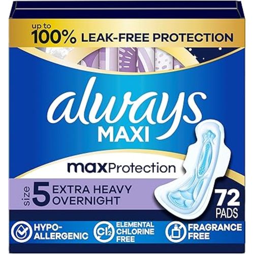Always Maxi Overnight Pads with Wings, Size 5, Extra Heavy Overnight, Unscented, 72 Count