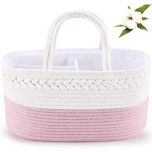 ABenkle Diaper Caddy Organizer - Cotton Rope Nursery Storage Basket for Baby Essentials, Boys & Girls Shower Gift, Changing Table Organizer, Pink