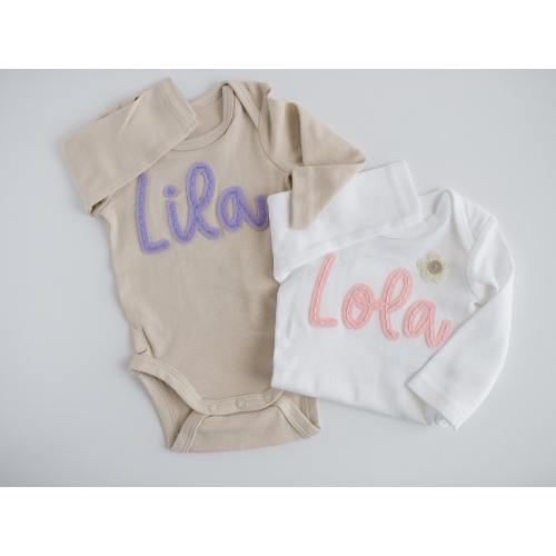 Custom Hand-Embroidered Long-Sleeve Bodysuit | Felt Name Baby Bodysuit, Hand Stitched Baby Bodysuit, Custom Newborn Bodysuit