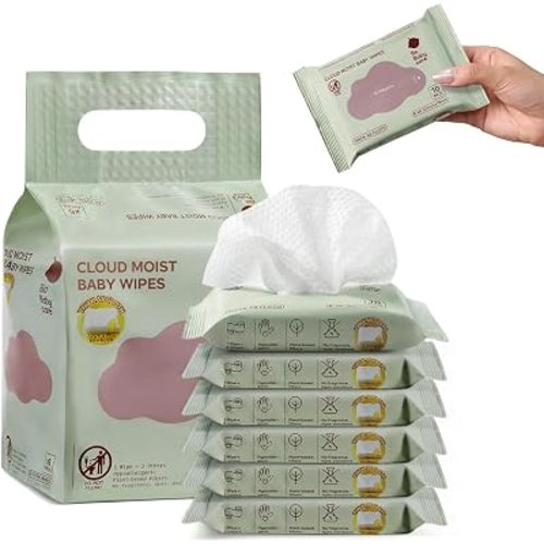Bc Babycare Cloud Moist Baby Travel Wipes, 6 Pack, On The Go Pocket Size, Ultra Thick, 99% Water, Unscented, Hypoallergenic for Sensitive Skin, Biodegradable