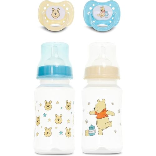Disney Baby Bottles and Pacifiers Set – 2 Hourglass-Shaped 11oz Bottles + 2 Orthodontic Pacifiers – Officially Licensed Mickey, Minnie, Pooh & Dumbo Designs – BPA-Free Feeding Gift Set