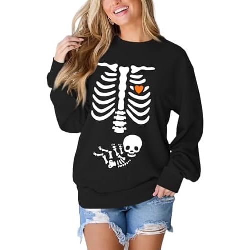 Women X-Ray Skeleton Sweatshirt Halloween Maternity Sweatshirts Crewneck Pullover Pregnancy Announcement Shirts Tops