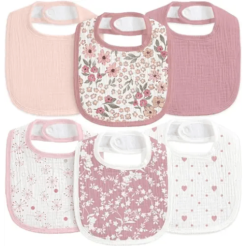 CIVARUA KIDS 6-Pack Muslin Baby Bibs for Drooling & Teething, Absorbent Bib | Soft Cotton Baby Drool Bib for Baby Boy Girl, Easy Adjustable Bibs for Toddlers, Newborn, Infants 0-36 Months Pink Flower