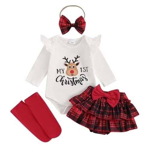 Baby Girl First Christmas Plaid Ruffle Skirt 4-Piece Outfit Set – The Trendy Toddlers