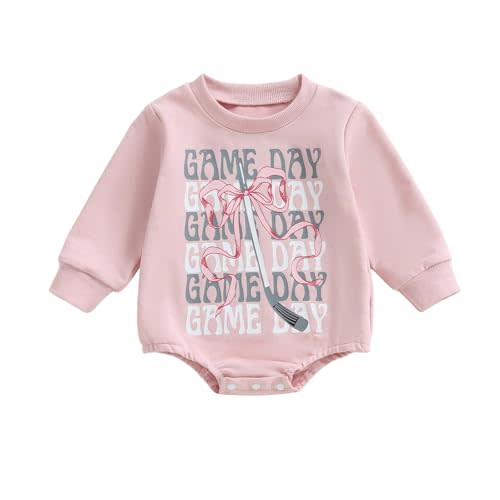 Muineobuka Newborn Baby Girl Hockey Clothes Hockey and Bow Print Oversized Sweatshirt Infant Game Season Onesie Fall Outfits