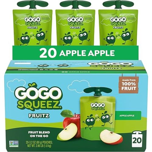 GoGo squeeZ No Sugar Added Applesauce & Fruit Puree, Apple, 20 Count