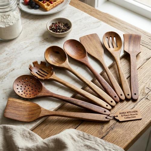 Handmade Acacia Spoons Set of 8 | Personalized Kitchen Utensil Set with Spatula, 100% Food Safe Wooden Cooking Utensils | Bridal Shower Gift
