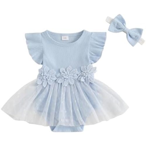 Hnyenmcko Newborn Baby Girl Summer Romper Dress Infant Fly Sleeve Flower Embroidery Mesh Tulle Skirt Hem Ribbed Bodysuit