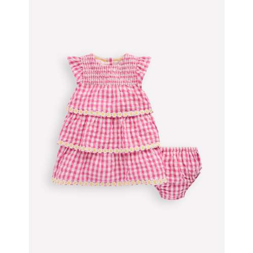Tiered Woven Dress-Pink Gingham Daisies