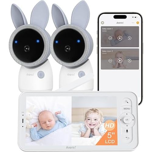 ARENTI 4MP Baby Monitor with 2 Cameras, 5" Screen Video Baby Monitor, Dual-Band 2.4G/5G WiFi with App, Split-Screen View, Auto Tracking, Cry&Motion Detection, Temp&Humidity, Night Vision, 2-Way Talk