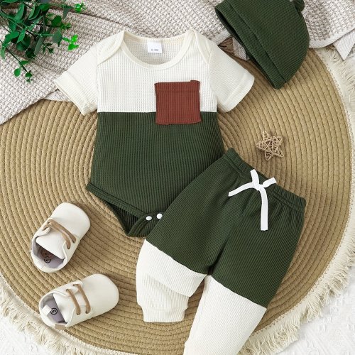 Boys' Casual Spring/Summer Outfit Set - Textured Green & Beige Short Sleeve Onesie with Cartoon Patch, Comfy Stretch Pants & Matching Hat - Machine Washable Polyester Blend, Boy Summer Outfits, Perfect for Outdoor