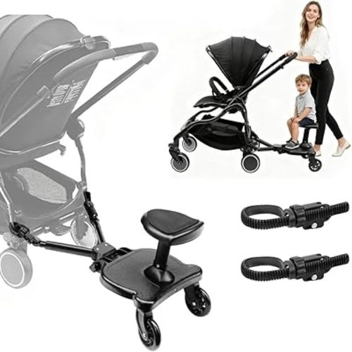 Newly Upgraded 2 Child Stroller Board, Rubber Locking Buckle, 2-in-1 Universal Stroller Board with Detachable Seat, Raised and Widened Base, Holds up to 55 lbs for Kids Aged 3-7