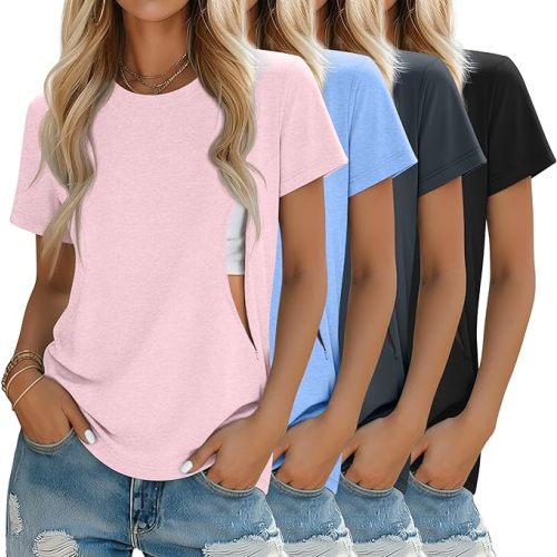 4 Pack Women's Nursing Breastfeeding Shirts with Zipper Loose Fit Short Sleeve Maternity Top Nursing Clothes