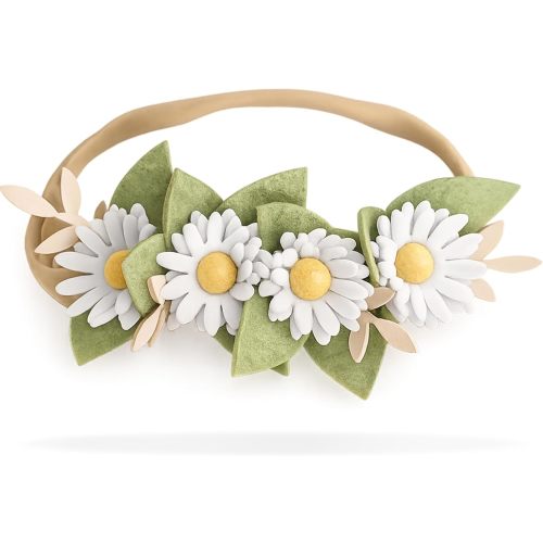 California Tot Felt Floral Daisy Crown – Soft & Stretchy Nylon Headband for Infants, Babies, Toddlers, and Girls – Wildflower Green Leaves & White Daisy Headpiece