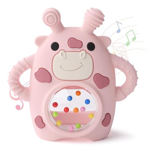 Baby Teether & Sensory Rattle Toys for Babies 0-6 6-12 Months, Anti Dropping Hand Mittens Teething Relief Toy, Infant Gift Essentials for Development, Pink Cow