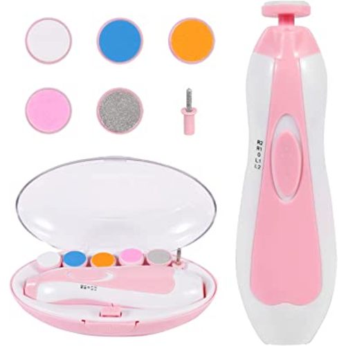 Baby Nail Trimmer Electric, Low Noise Newborn Safe Nail Clipper Kit with Light and Replaceable 6 Grinding Heads, Hand-Holding Care Polish and Trim for Infant Toddler Adults Toes Fingernails, Pink