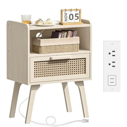 Lerliuo Rattan Nightstand with Charging Station, Side Table with Drawer