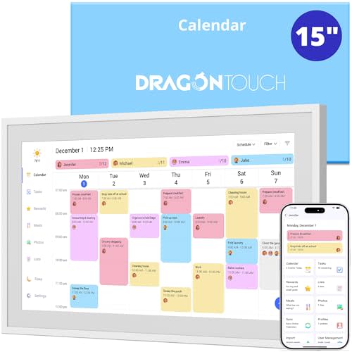 Dragon Touch 15.6" Digital Calendar Chore Chart – 1080P Full HD Touchscreen, Smart Family Planner, Hearth Display Digital Calendar Wall & Desk Mountable, Fiberboard, White