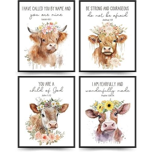 ETVISO Highland Cow Wall Art Prints Set of 4, Christian Nursery Wall Art Decor, Inspirational Bible Verse Poster & Prints, Baby Shower Decorations 12x16 (Unframed)