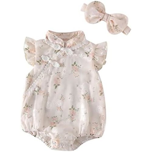 Newborn Babys Girls Embroidered Cheongsam Romper Infant Toddler Short Sleeve Bodysuit with Headband Outfits Set