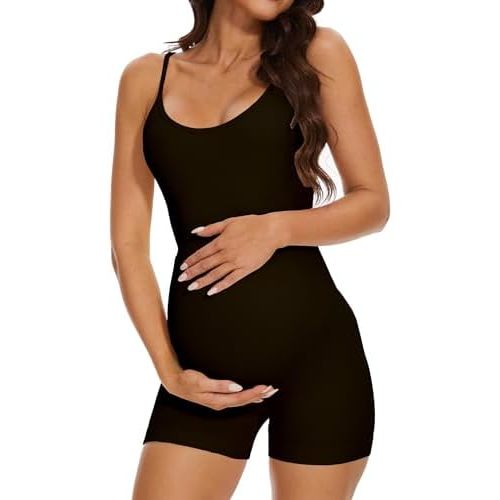 Maternity Workout Romper Pregnancy Yoga Ribbed One Piece Seamless Spaghetti Strap Jumpsuit