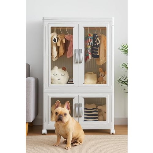 CXCJAI Pet Clothing Storage Cabinet with Hanging Rod Foldable Plastic Storage Bin 2-Tier Dog Clothes Organizer for Small Pets Lightweight, Waterproof– Portable Cat Wardrobe Closet
