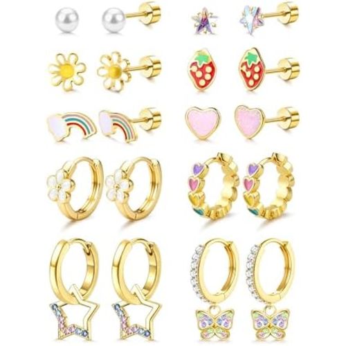 LOLIAS Hypoallergenic Earrings for Girls Flat Back-Stainless Surgical Steel Earrings for Sensitive Ears Women Cute Hoops Flatback Studs Screw Back Toddler Kids Teen Girls Earrings Jewelry