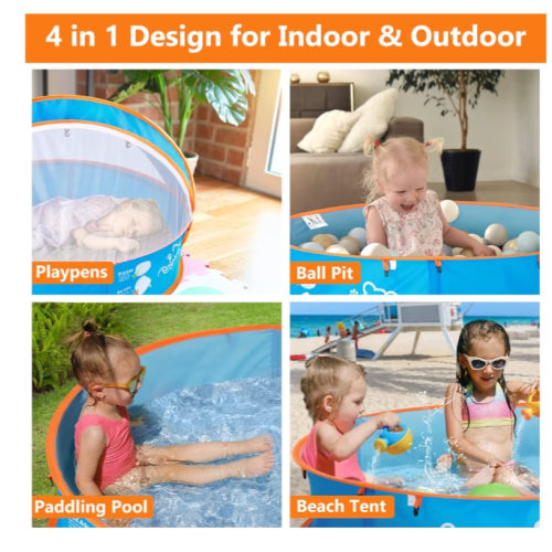 4 in 1 Kiddie Pool or Ball Pit Tent, or Beach Tent or Playpen with bug protection net UV Sun Shelter Canopy with Mosquito Net, Portable Pop Up Tent Summer Beach Toys for Child